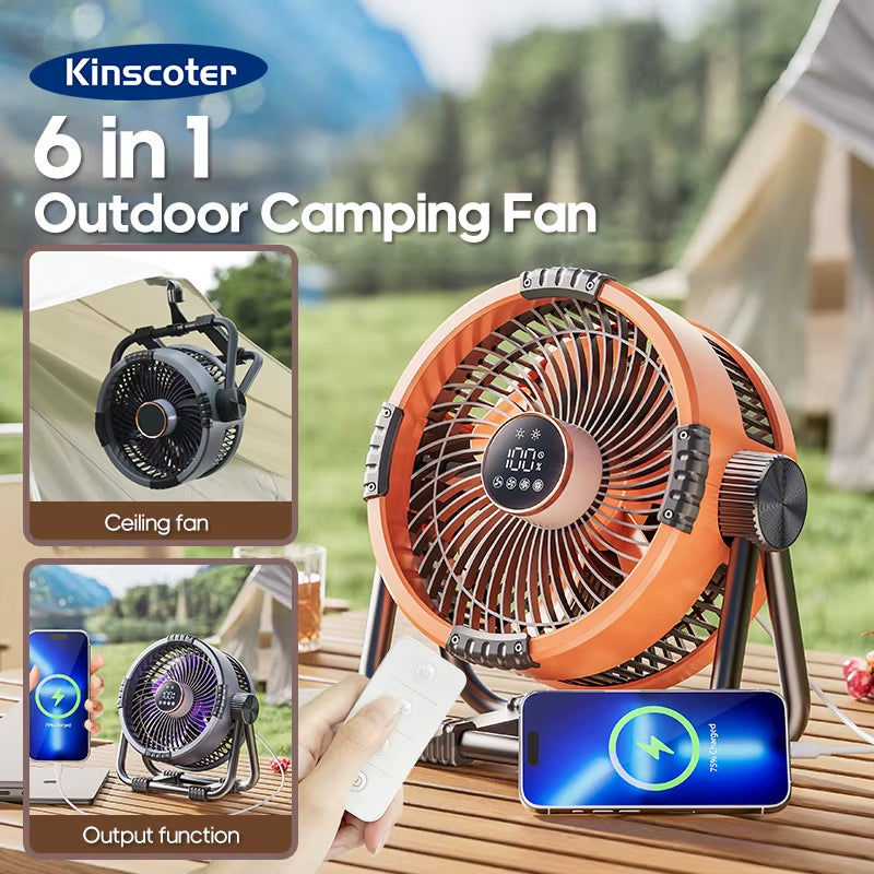 Wireless 6-in-1 Camping Fan – 20000mAh Battery, 4-Speed Tent Ceiling Fan with LED Light and Hook