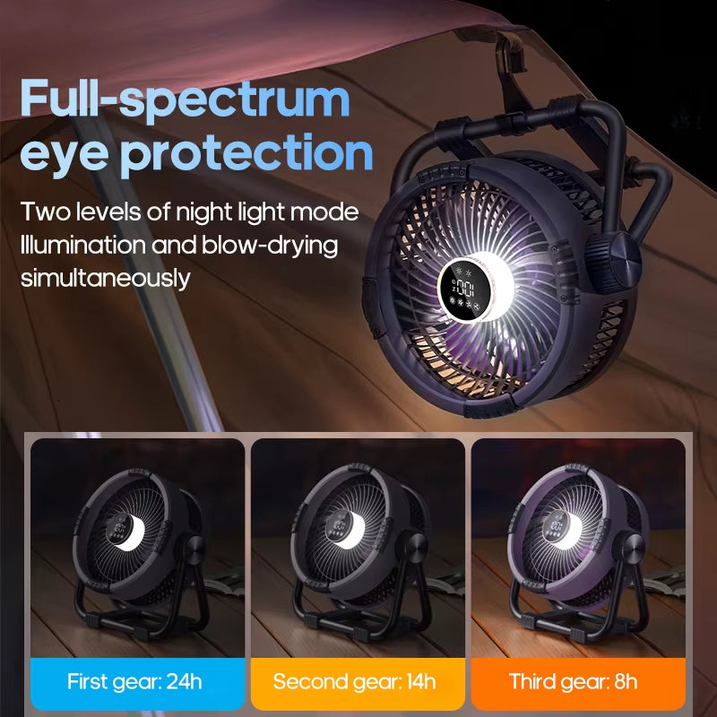 Wireless 6-in-1 Camping Fan – 20000mAh Battery, 4-Speed Tent Ceiling Fan with LED Light and Hook