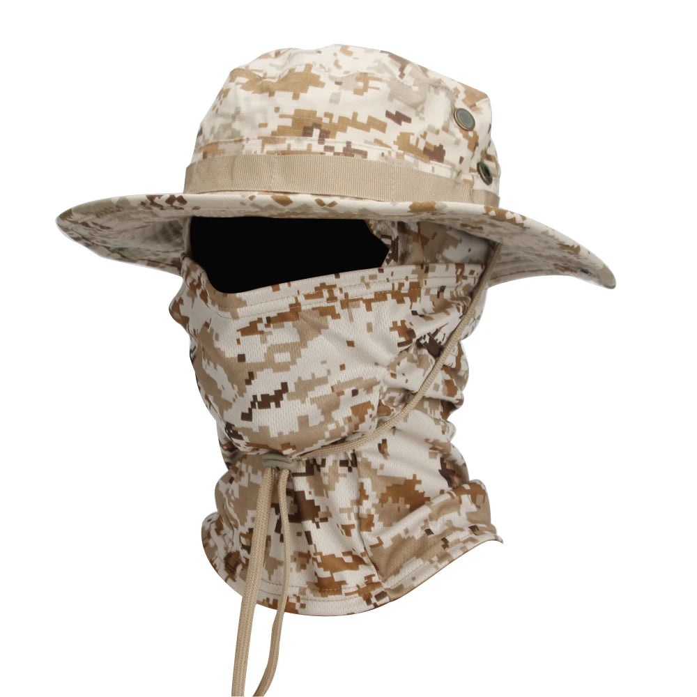 Camouflage Wide Brim Boonie Hat with Balaclava – Outdoor Hunting & Fishing Cap