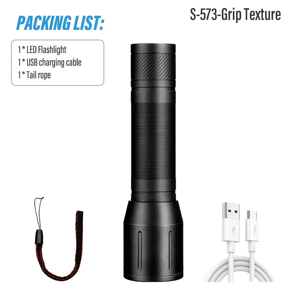 LED Outdoor Flashlight - Rechargeable Torch with Telescopic Zoom and Aluminum Alloy Body