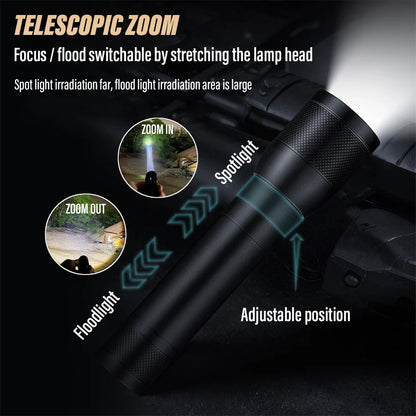 LED Outdoor Flashlight - Rechargeable Torch with Telescopic Zoom and Aluminum Alloy Body