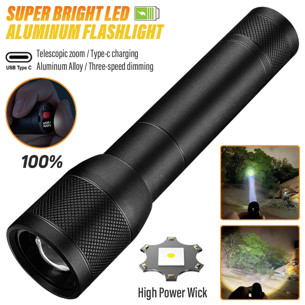 LED Outdoor Flashlight - Rechargeable Torch with Telescopic Zoom and Aluminum Alloy Body