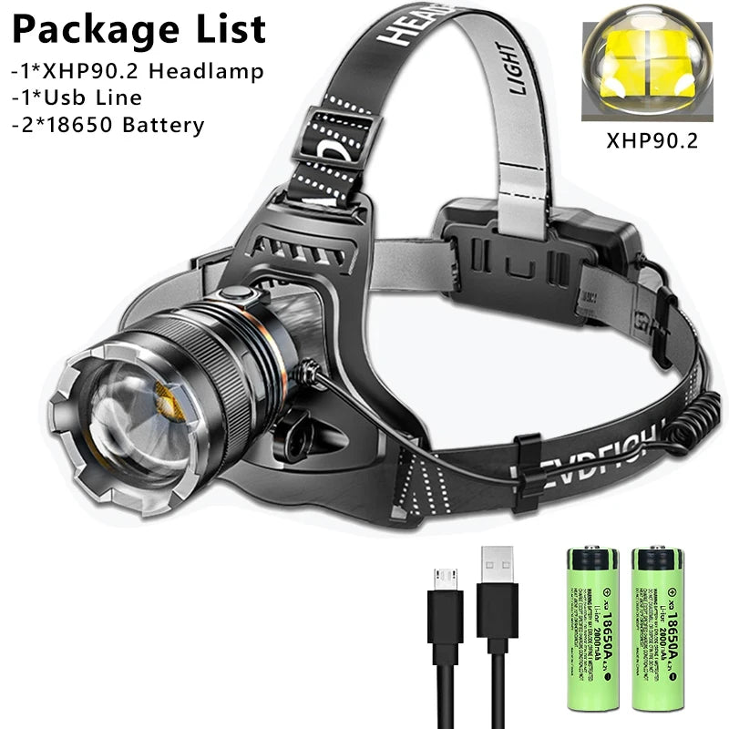 XHP90.2 High-Power LED Headlamp – 1000M Rechargeable Headlight for Fishing, Hiking, and Outdoor Use