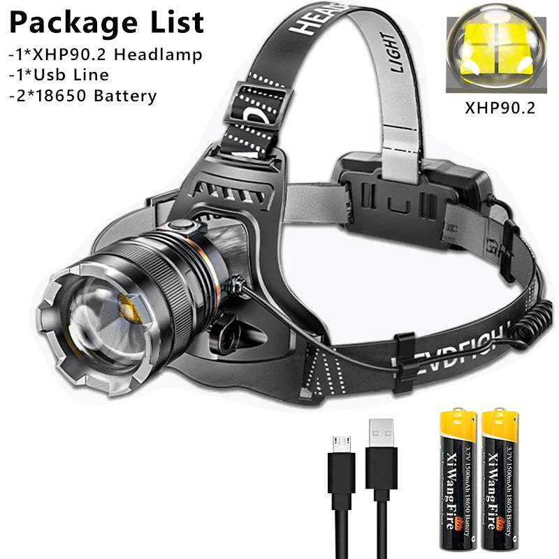 XHP90.2 High-Power LED Headlamp – 1000M Rechargeable Headlight for Fishing, Hiking, and Outdoor Use