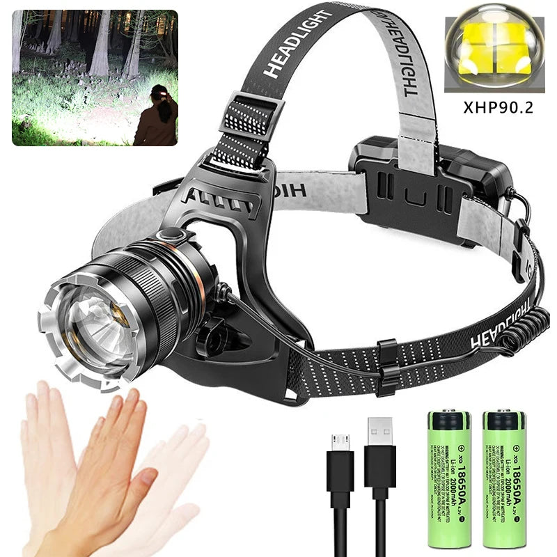 XHP90.2 High-Power LED Headlamp – 1000M Rechargeable Headlight for Fishing, Hiking, and Outdoor Use