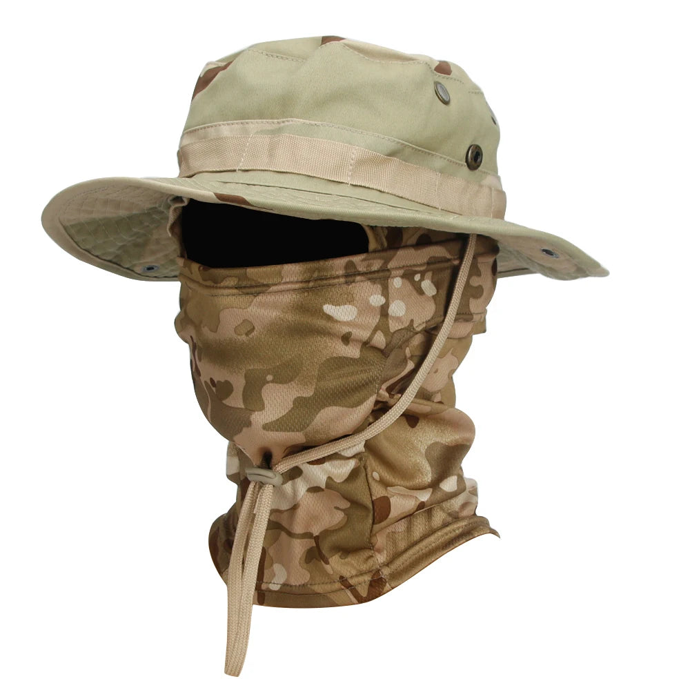 Camouflage Wide Brim Boonie Hat with Balaclava – Outdoor Hunting & Fishing Cap