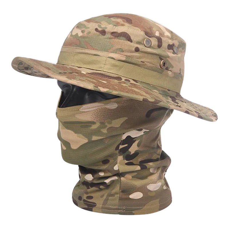 Camouflage Wide Brim Boonie Hat with Balaclava – Outdoor Hunting & Fishing Cap