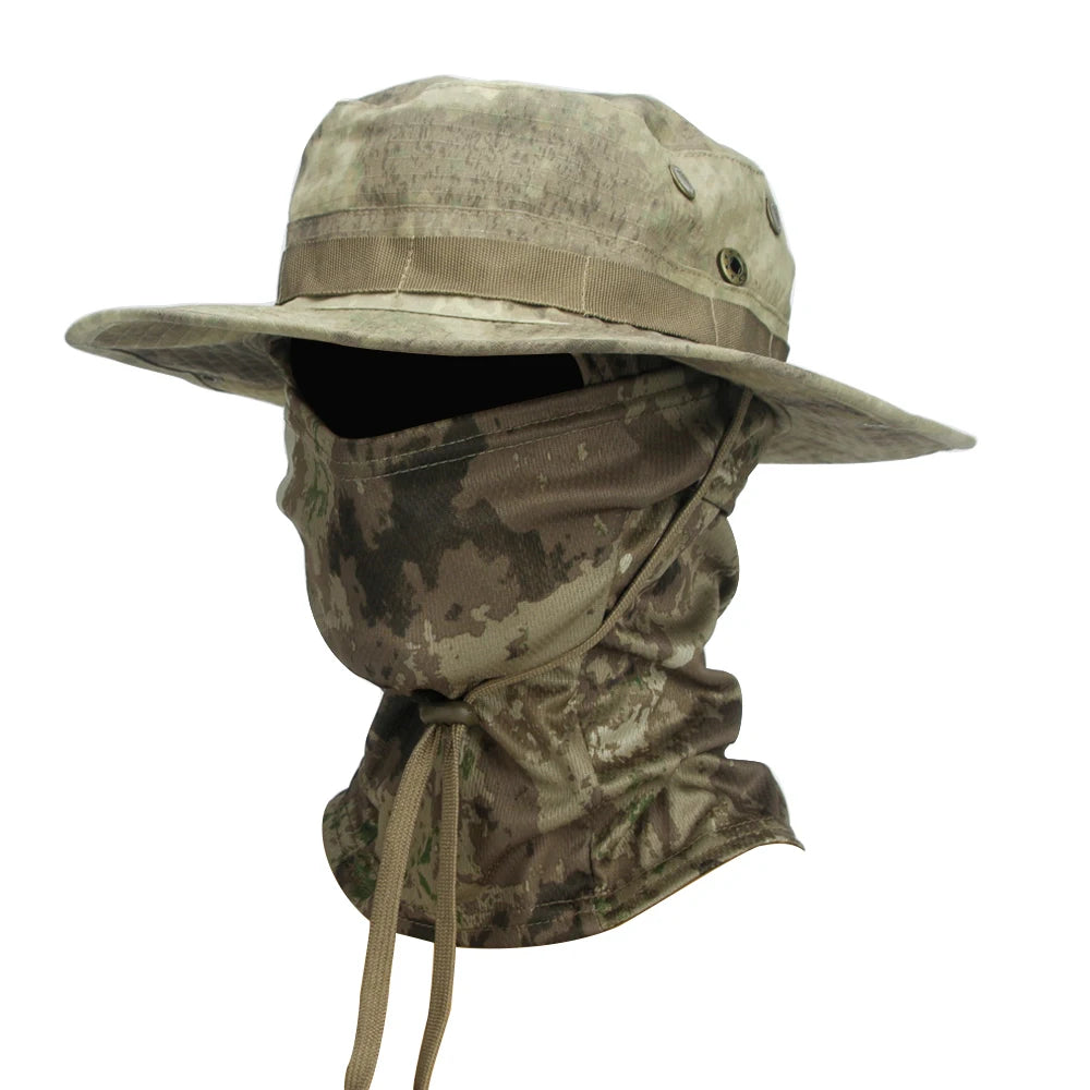 Camouflage Wide Brim Boonie Hat with Balaclava – Outdoor Hunting & Fishing Cap