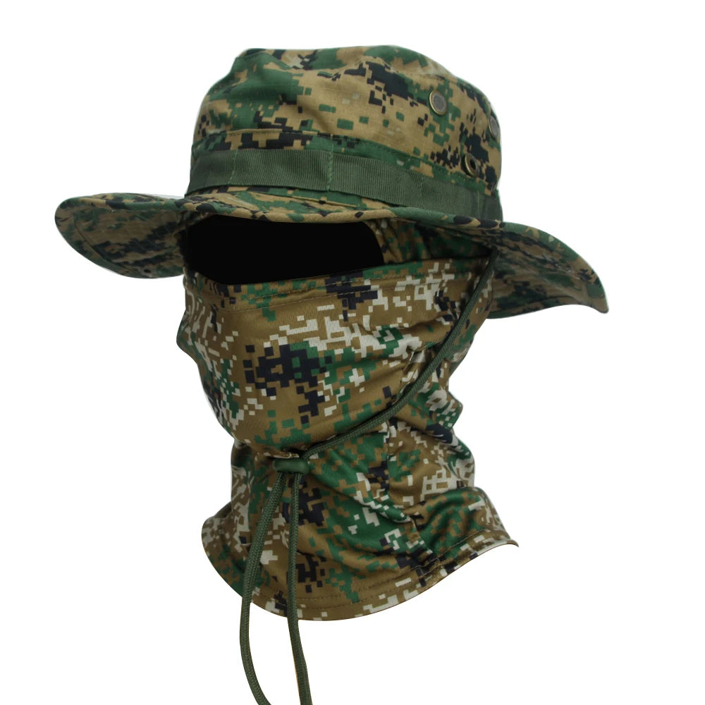 Camouflage Wide Brim Boonie Hat with Balaclava – Outdoor Hunting & Fishing Cap