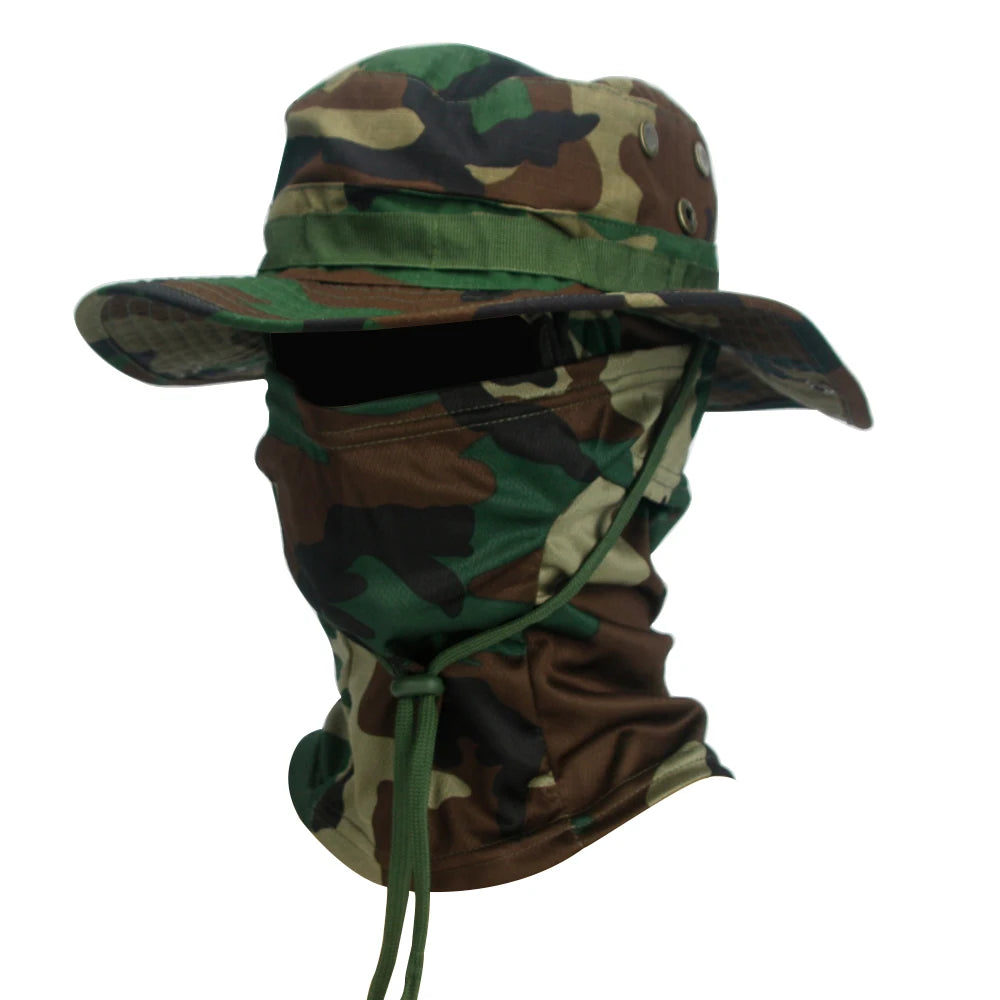 Camouflage Wide Brim Boonie Hat with Balaclava – Outdoor Hunting & Fishing Cap