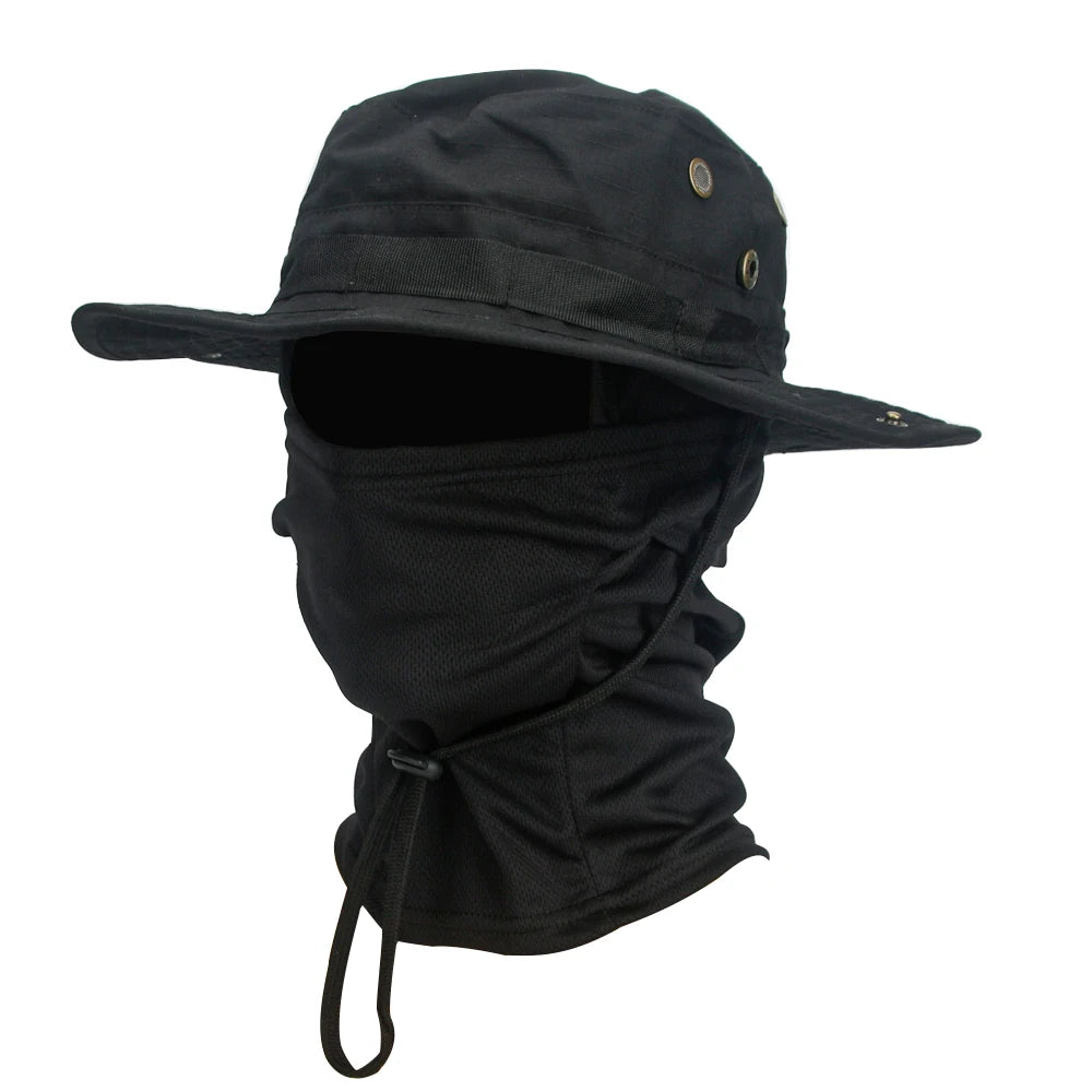 Camouflage Wide Brim Boonie Hat with Balaclava – Outdoor Hunting & Fishing Cap