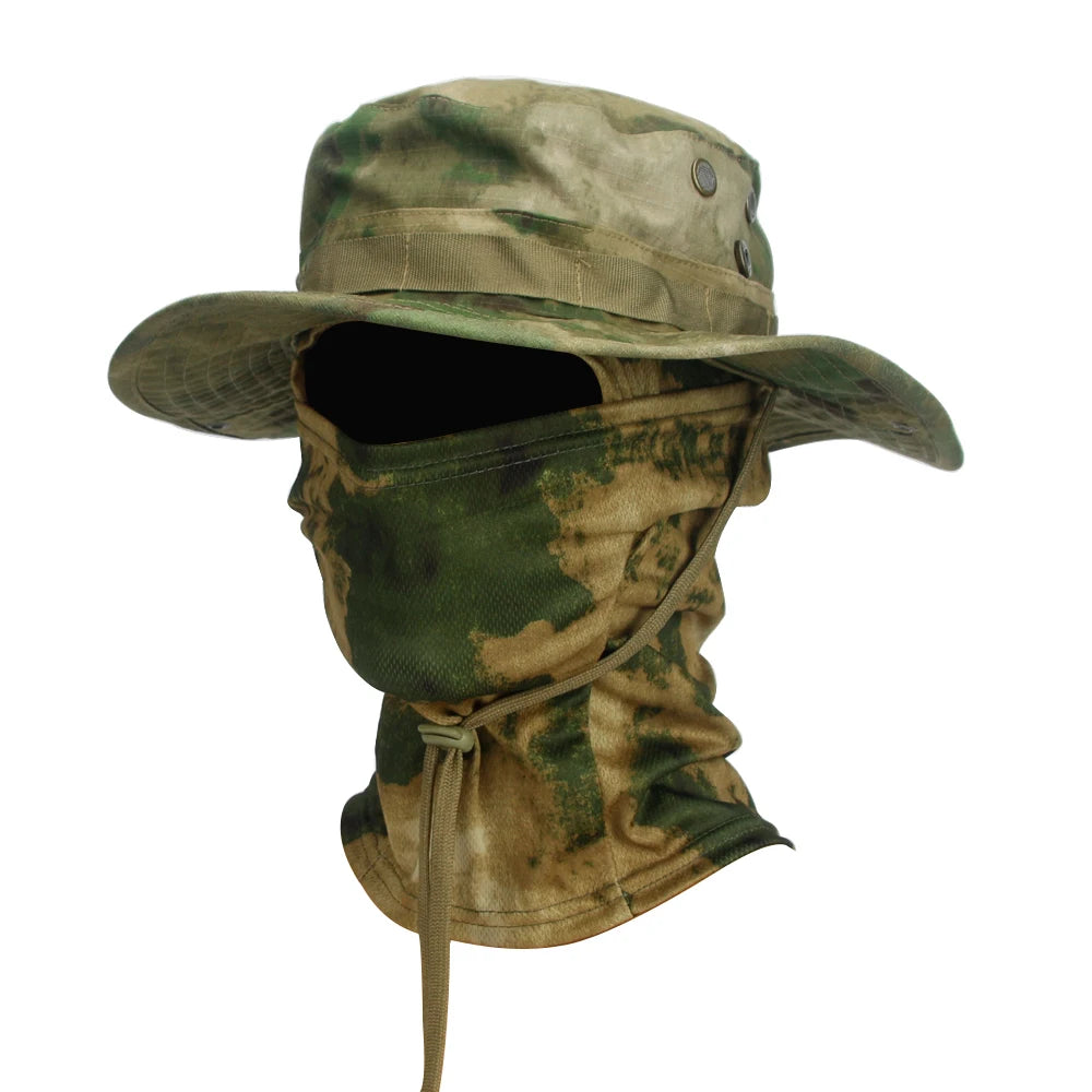 Camouflage Wide Brim Boonie Hat with Balaclava – Outdoor Hunting & Fishing Cap